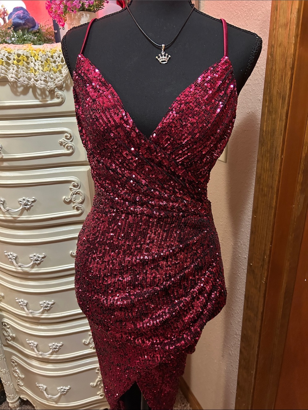 Nookie Burgundy Sequin V-Neck Mini Dress